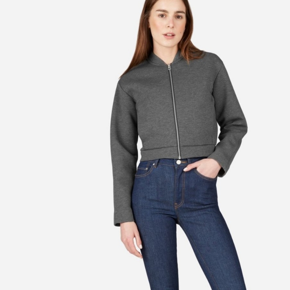 Everlane Womens Jacket Street Fleece Gray Bomber Scuba Zip Up Pockets L Cropped